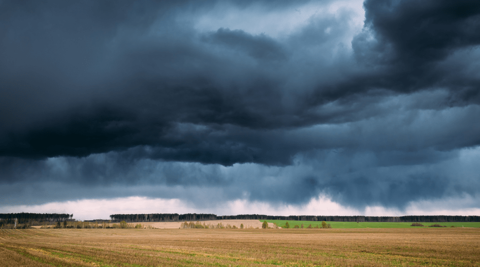 Looking out on to a field with storms on the horizon