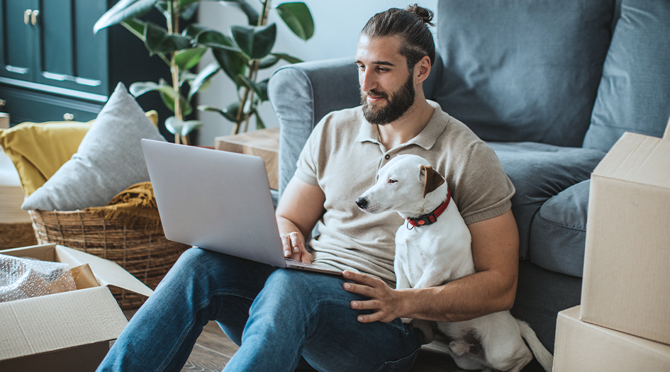 A man types on his laptop with his dog beside him as he wonders whether he should buy a condo, home, or tenant insurance policy for his condominium