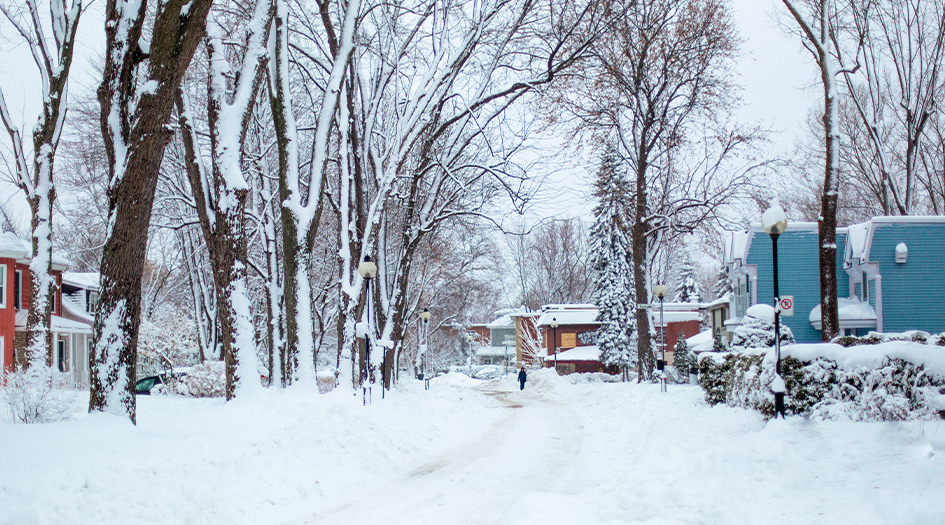 A person walks down the road in a snowy neighbourhood shows how climate change may affect your home insurance needs