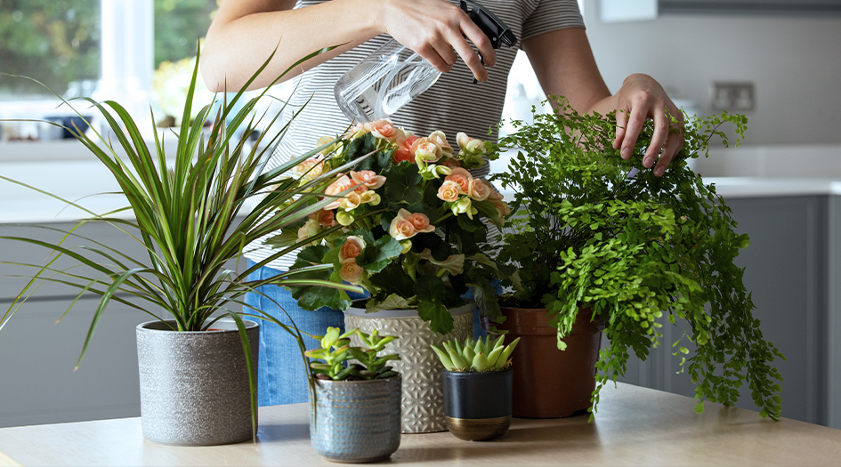 Une femme asperge de l’eau sur ses plantes, illustrant une bonne façon d’améliorer la qualité de l’air de votre maison.