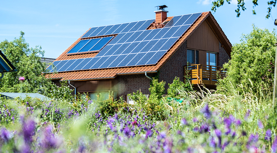 A house surrounded by gardens with solar panels on the roof shows how you can power your home with solar energy.