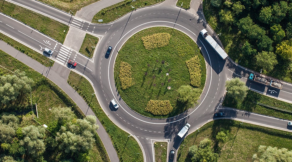 It's important to know how to navigate a roundabout, shown by an aerial image of a two-lane roundabout