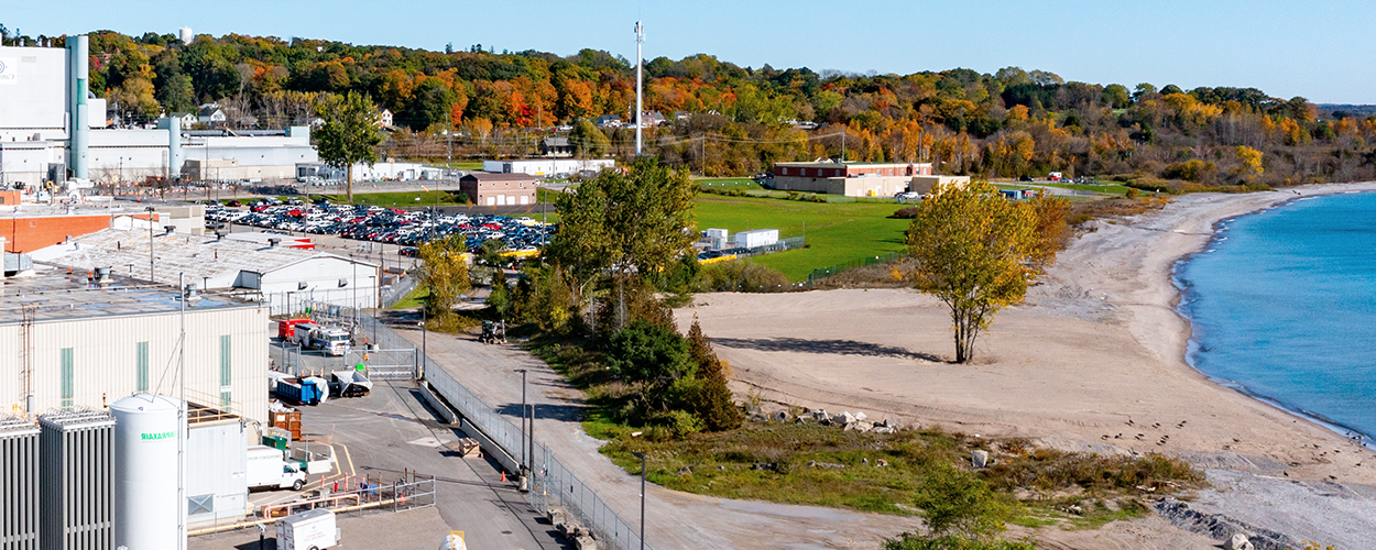 Aerial view of a factory on a waterfront