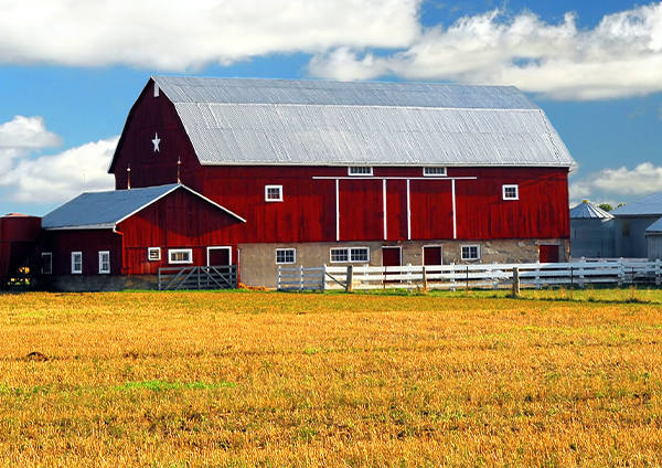 A large barn on the horizon
