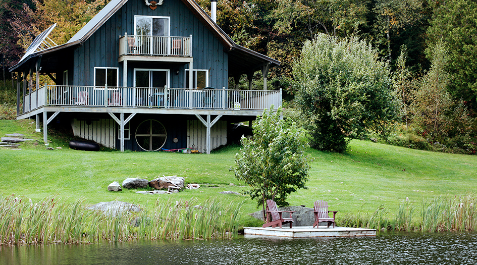 A blue cottage sits by a lake with long weeds at the shore, showing one way to protect your cottage’s shoreline from erosion